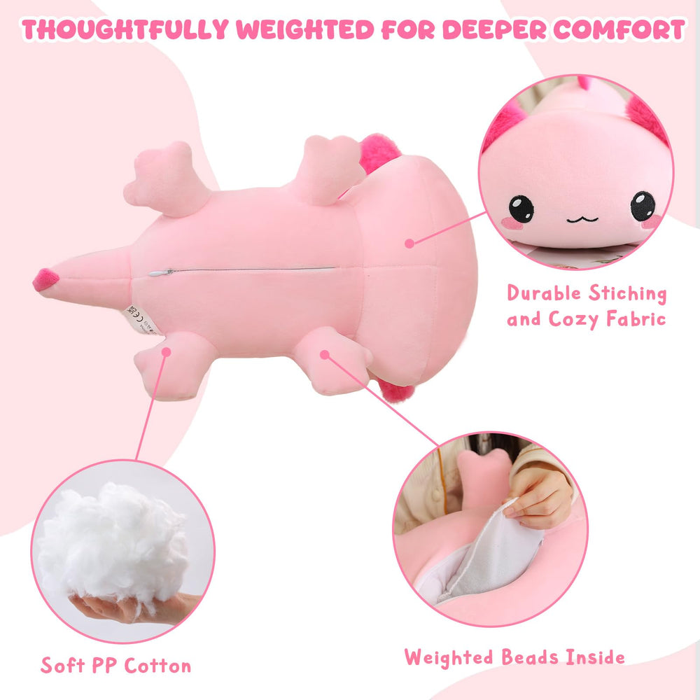 TOYSYM Axolotl weighted plush hug pose demonstrates portable comfort