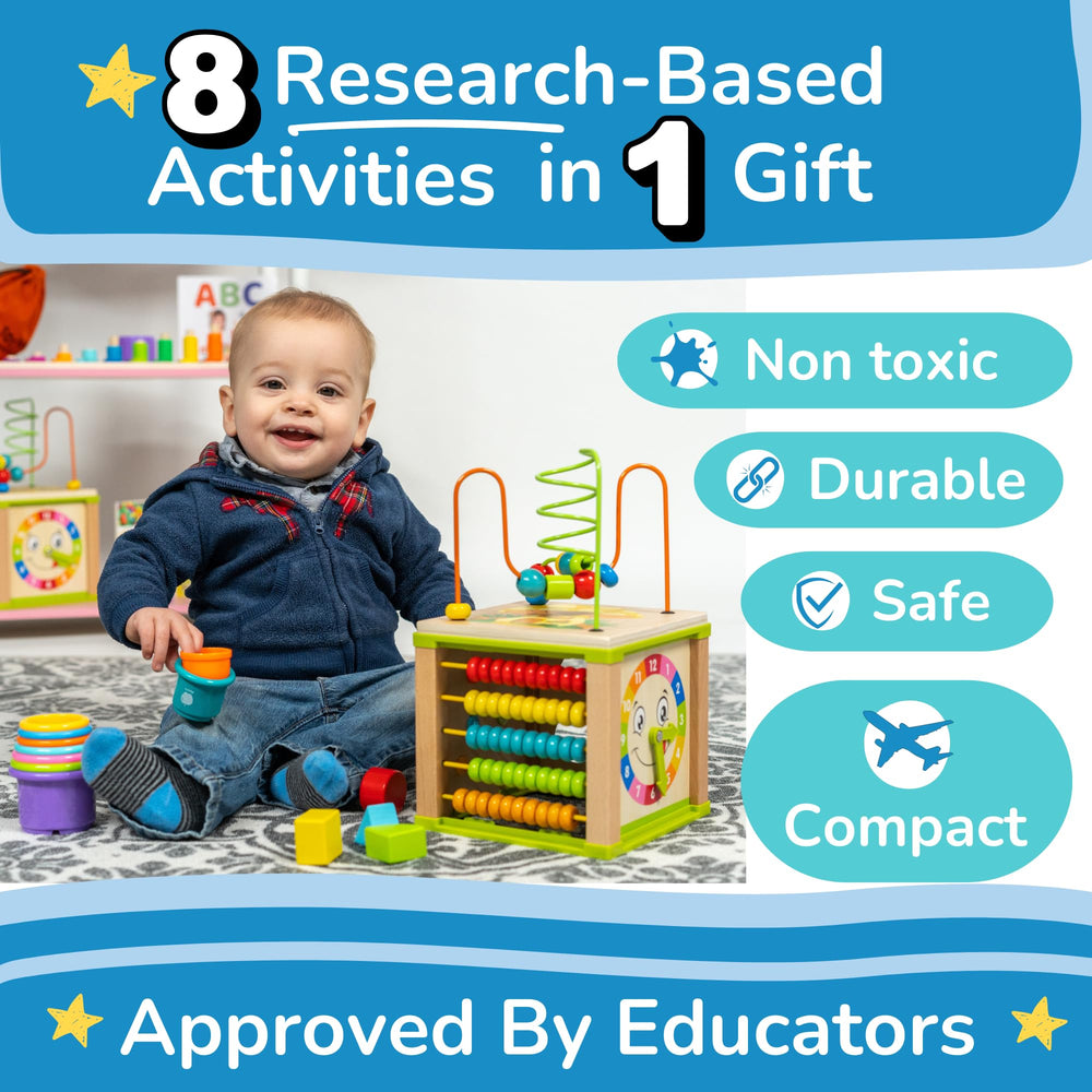 TOYVENTIVE wooden activity cube abacus encourages counting and number recognition.