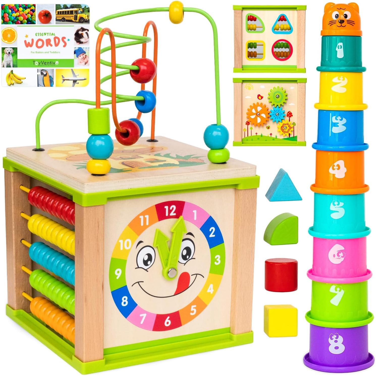 TOYVENTIVE wooden activity cube bead maze fosters early hand-eye coordination learning.