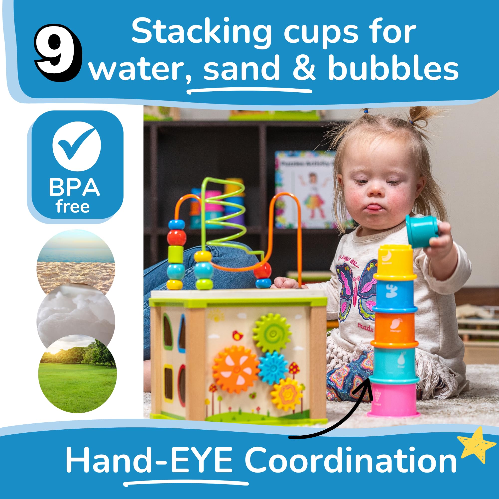 TOYVENTIVE wooden activity cube spinning gears supports problem-solving play.