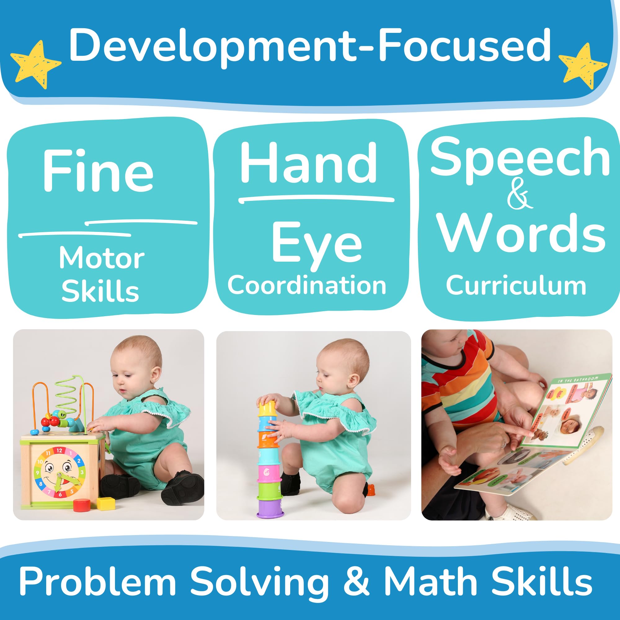 TOYVENTIVE wooden activity cube travel-friendly design supports on-the-go learning.