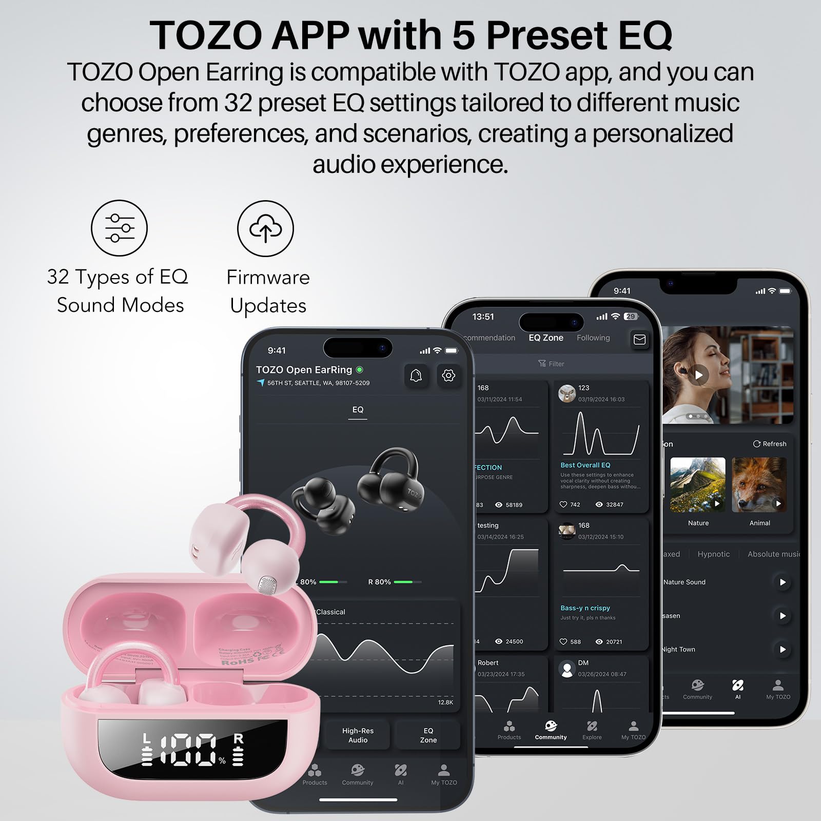 TOZO OpenEarRing glasses-friendly design reduces ear pressure