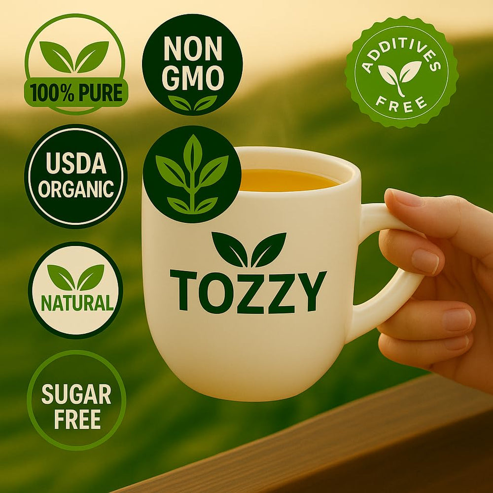 TOZZY Organic Ashwagandha Tea brew steams above a comforting cup.