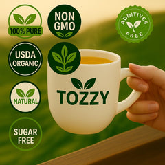 TOZZY Organic Ashwagandha Tea brew steams above a comforting cup.