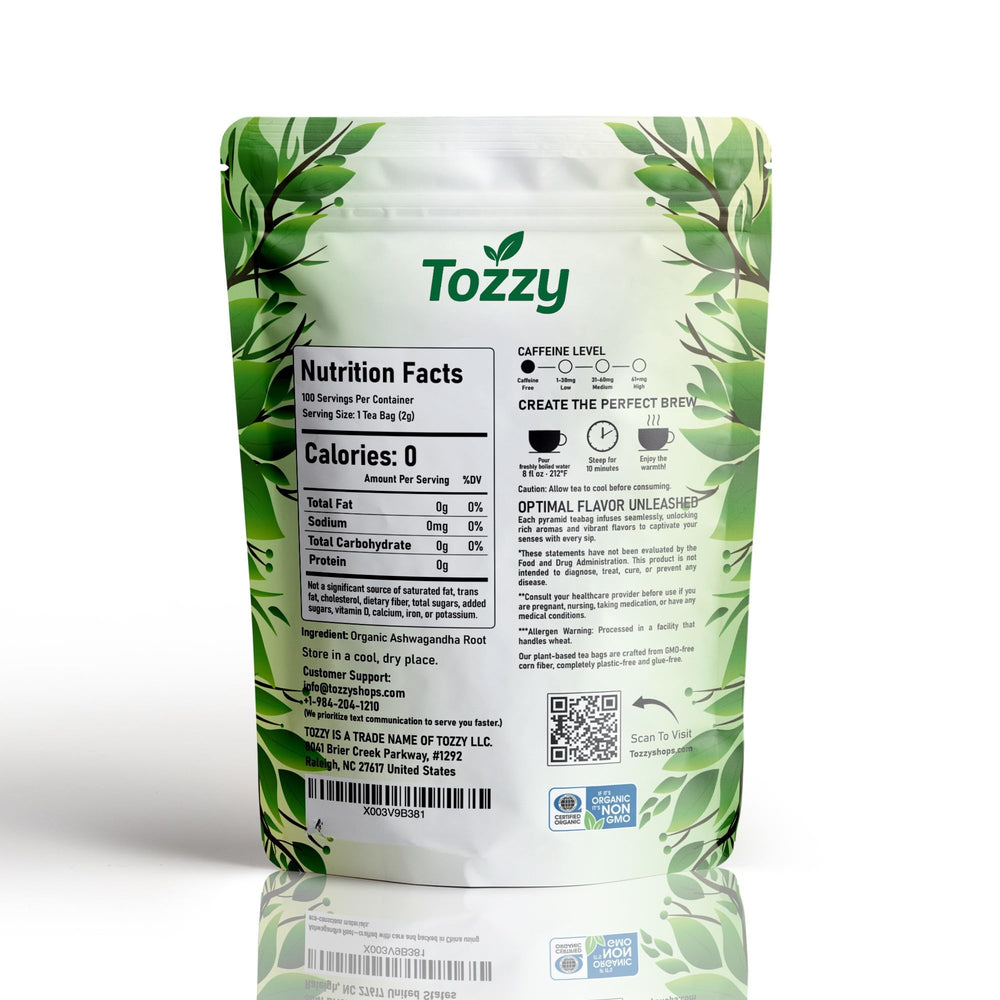 TOZZY Organic Ashwagandha Tea bags ready for a soothing hot brew.