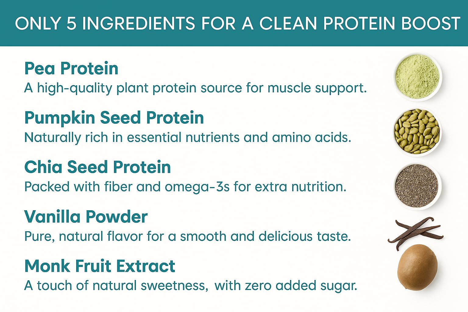 TOZZY Vanilla Organic Pea Protein ingredients; clean label with five simple ingredients