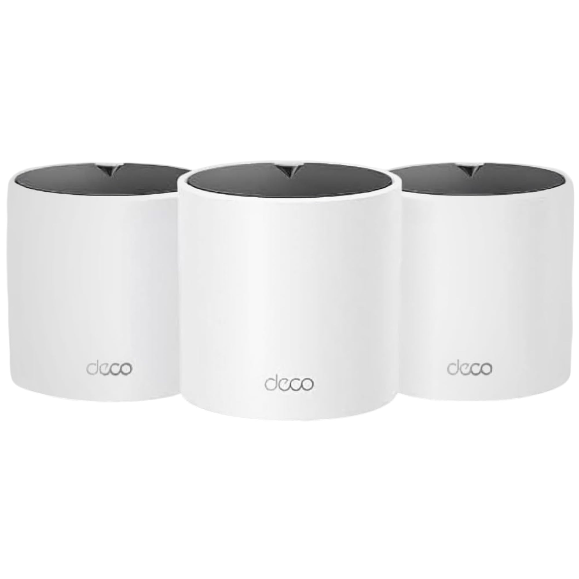 TP-Link Deco X15 3-pack front view showing strong whole-home WiFi coverage