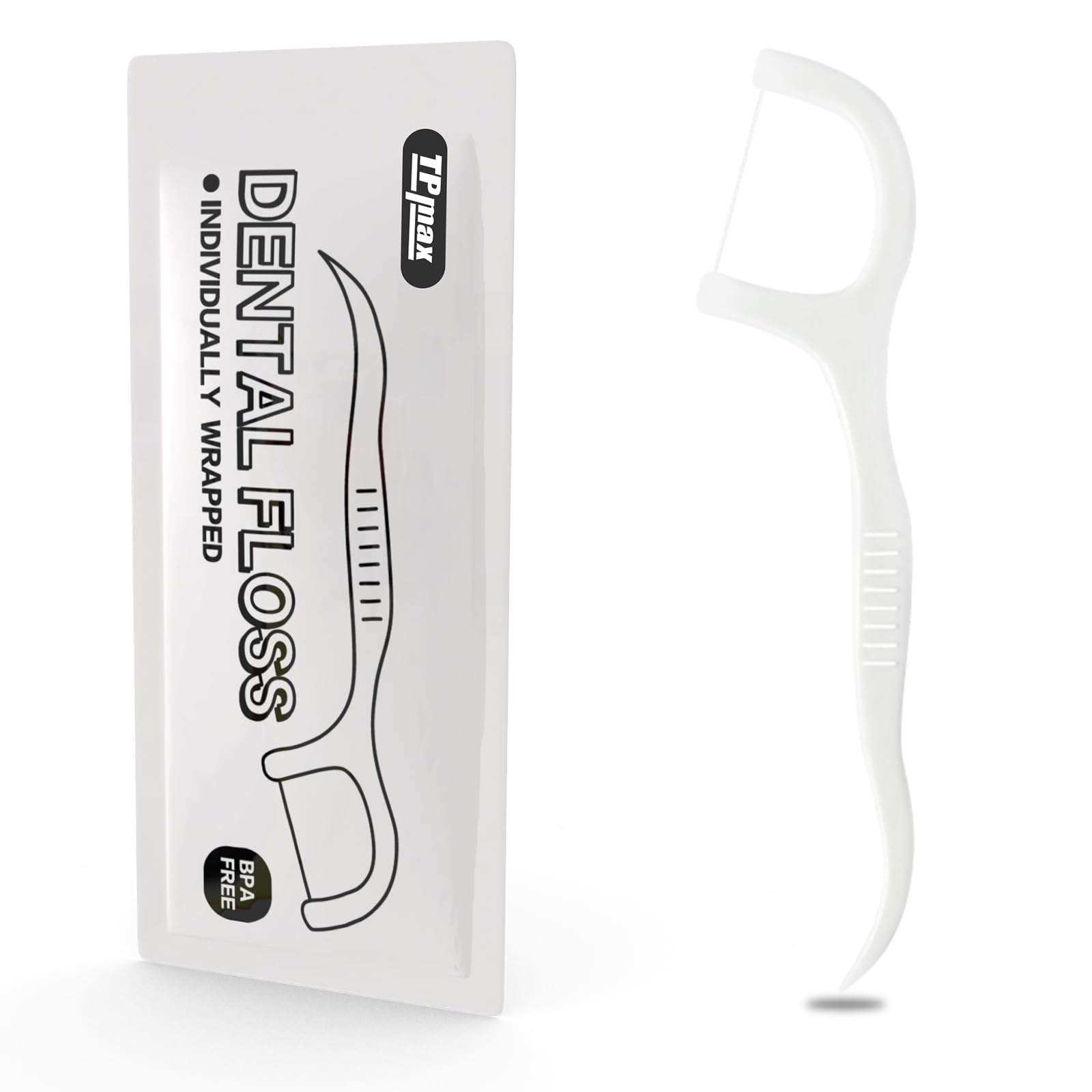 TPmax floss picks, individually wrapped for travel hygiene and convenience.