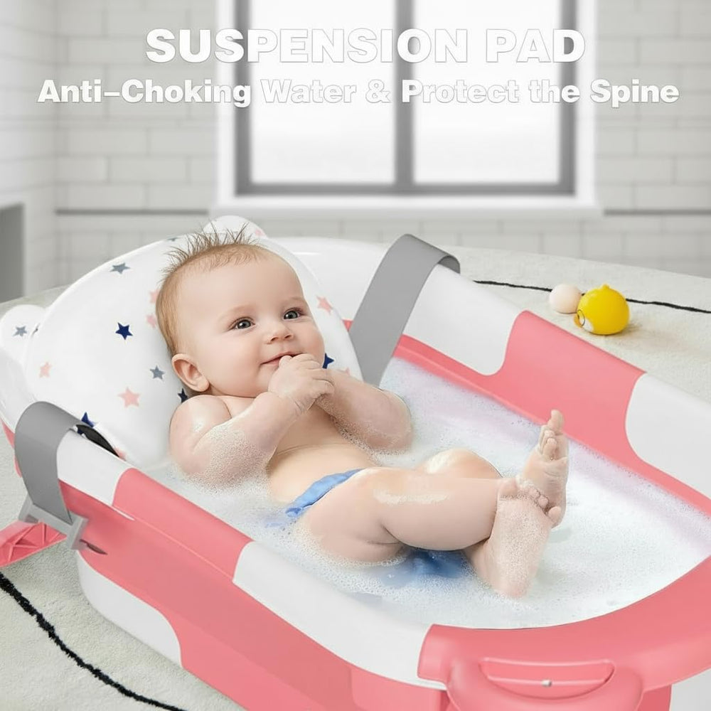TPN baby bathtub in use with soft cushion supporting baby's spine.