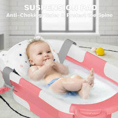 TPN baby bathtub in use with soft cushion supporting baby's spine.