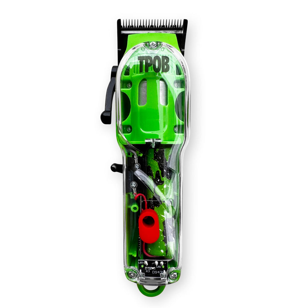 TPOB Slime 2 clipper blade close-up showing X Fade Blade action