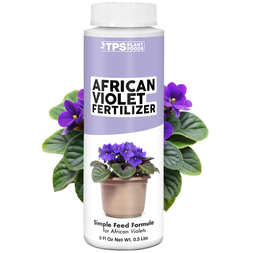 TPS NUTRIENTS African Violet Fertilizer bottle pour demonstrates even feeding for steady blooms