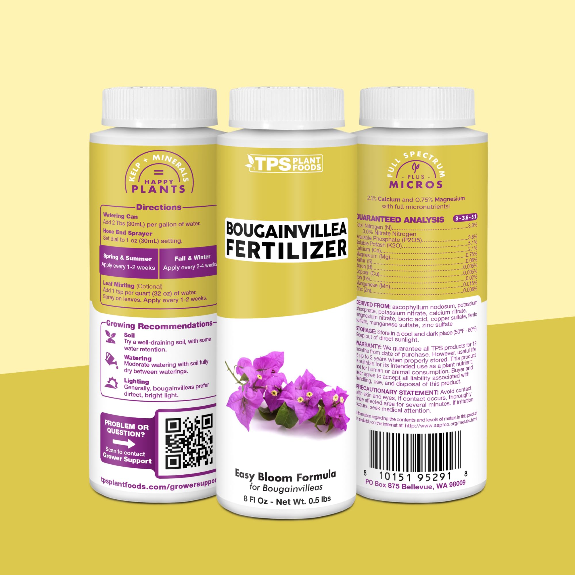 TPS NUTRIENTS Bougainvillea care instructions poster with feeding schedule.