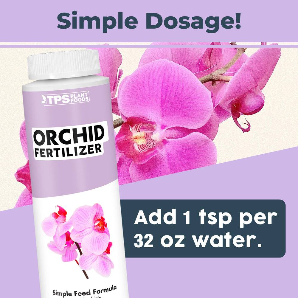TPS NUTRIENTS Orchid Plant Food measuring cup shows ready-to-dilute feeding for orchids.