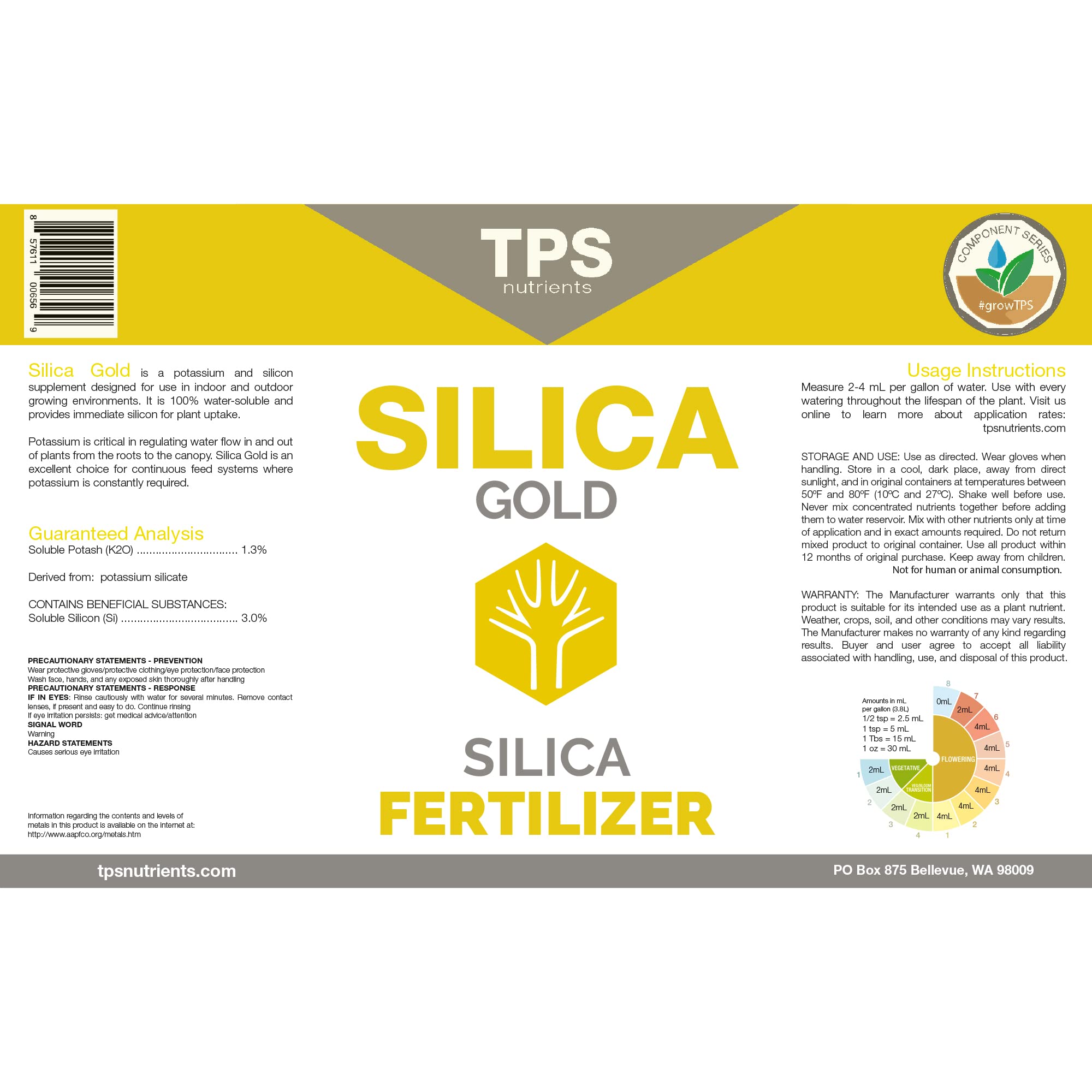 TPS NUTRIENTS Silica Gold bottle side shows dosing for soil and hydroponics.