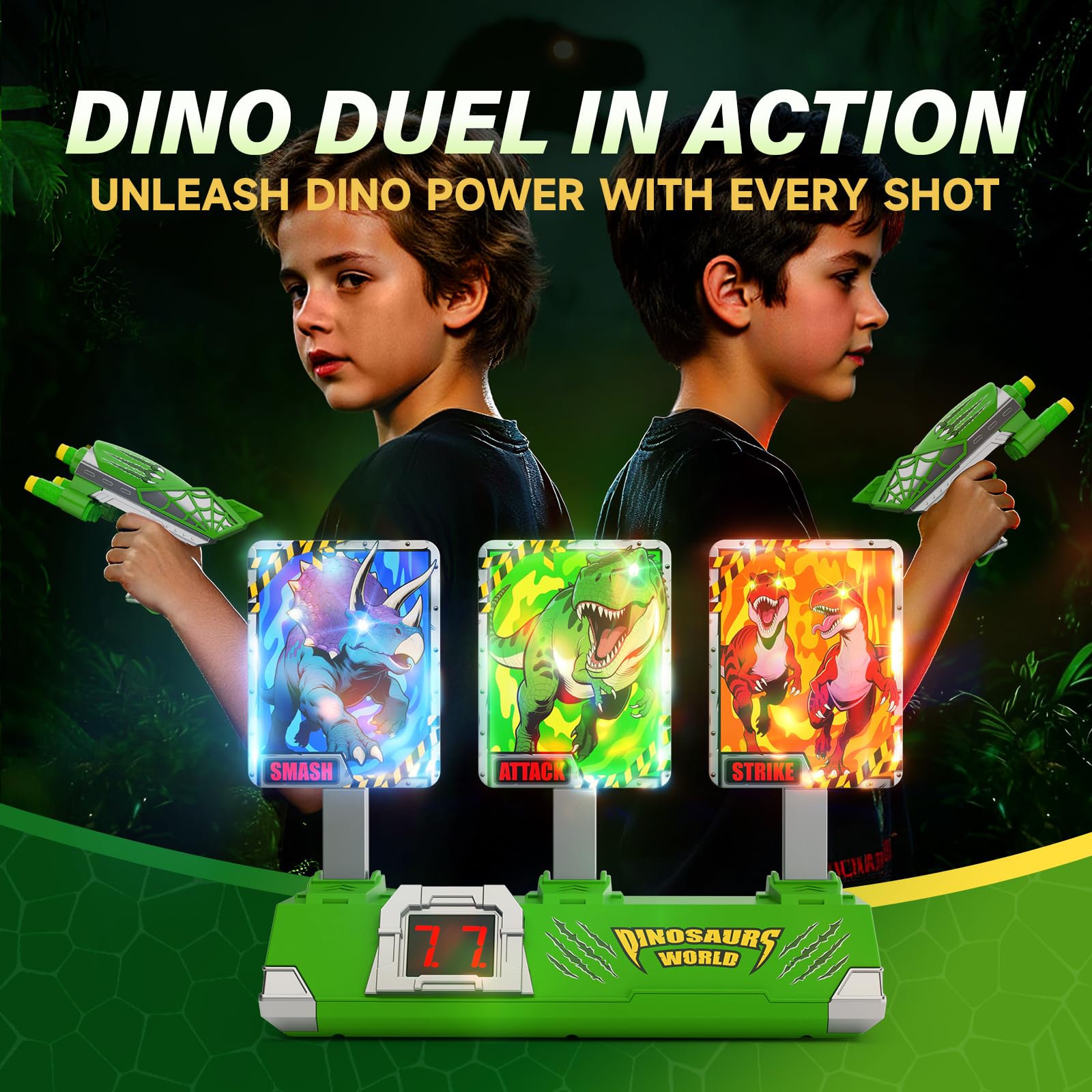 Tqeieu glowing dinosaurs provide dramatic targets under dim lighting.