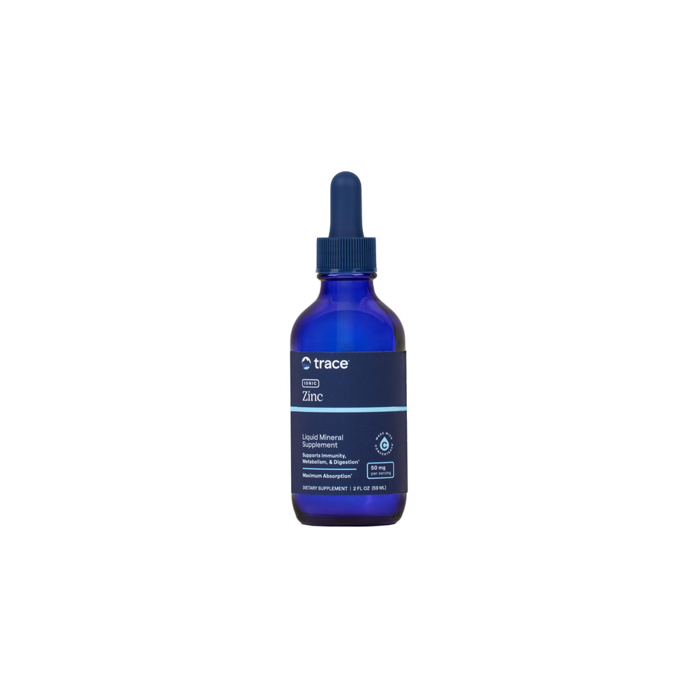 Trace Minerals Ionic Zinc bottle pour showing easy daily dosing in a clear bottle.