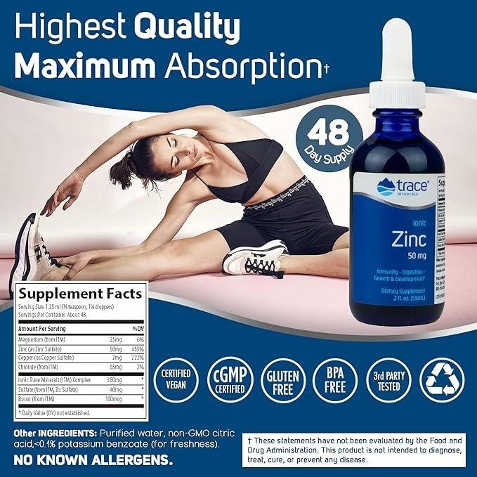 Trace Minerals Ionic Zinc liquid drops for convenient, fast-absorbing zinc supplementation.
