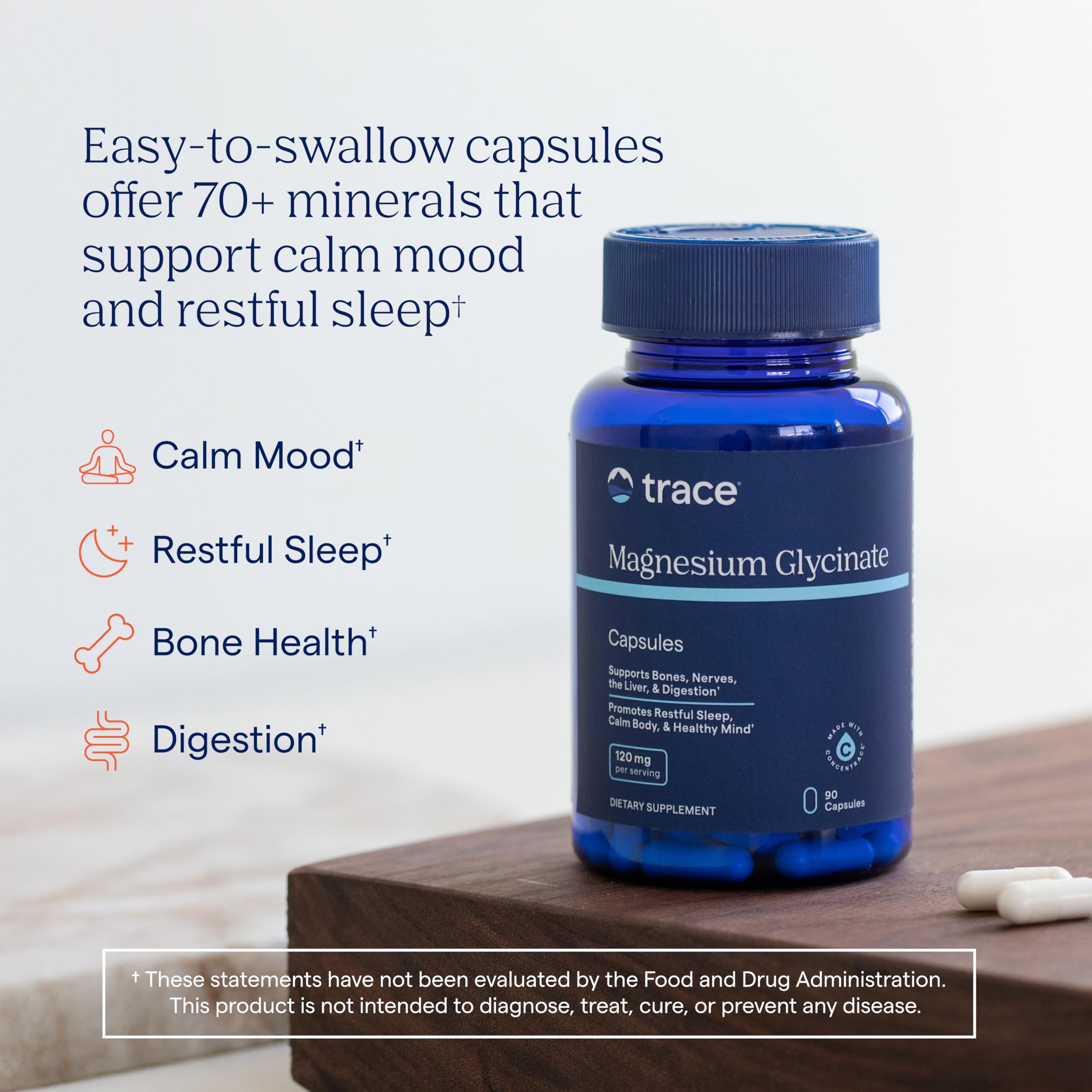 Trace Minerals Magnesium Glycinate bottle with glass of water for daily relaxation