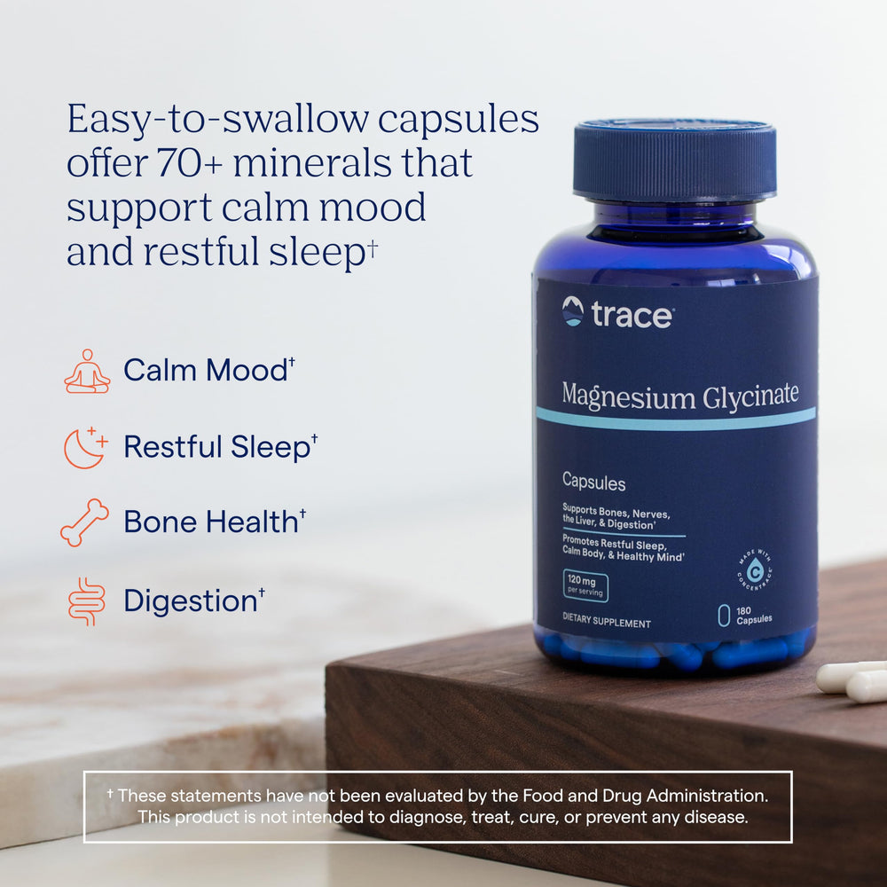 Trace Minerals Magnesium Glycinate capsules close-up highlighting gentle daily use