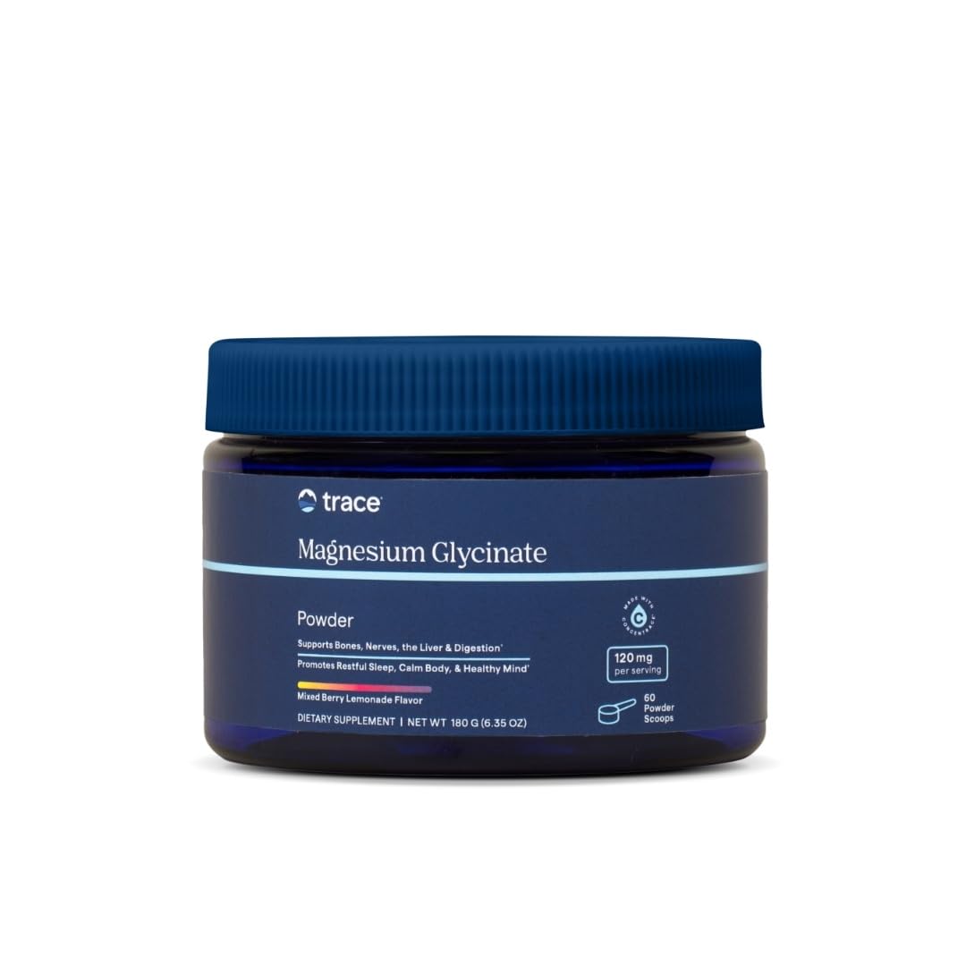 Trace Minerals magnesium glycinate powder bottle for daily sleep-support routine.