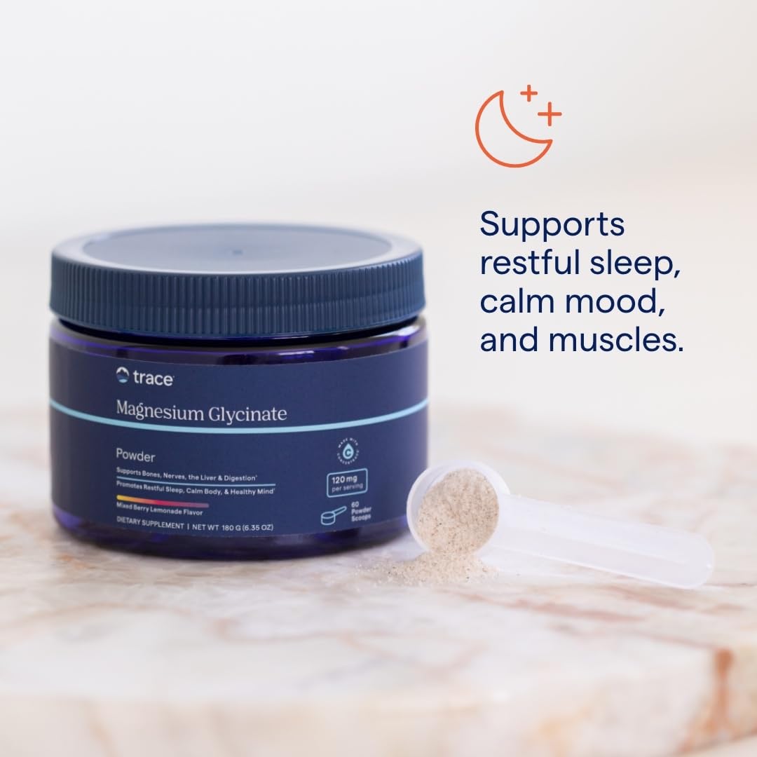 Trace Minerals magnesium glycinate powder mixed berry lemonade in a glass for a relaxing bedtime drink.