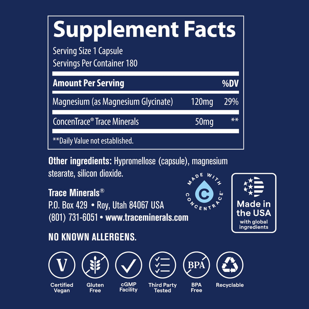 Trace Minerals Magnesium Glycinate vegan symbol emphasizes plant-based capsule