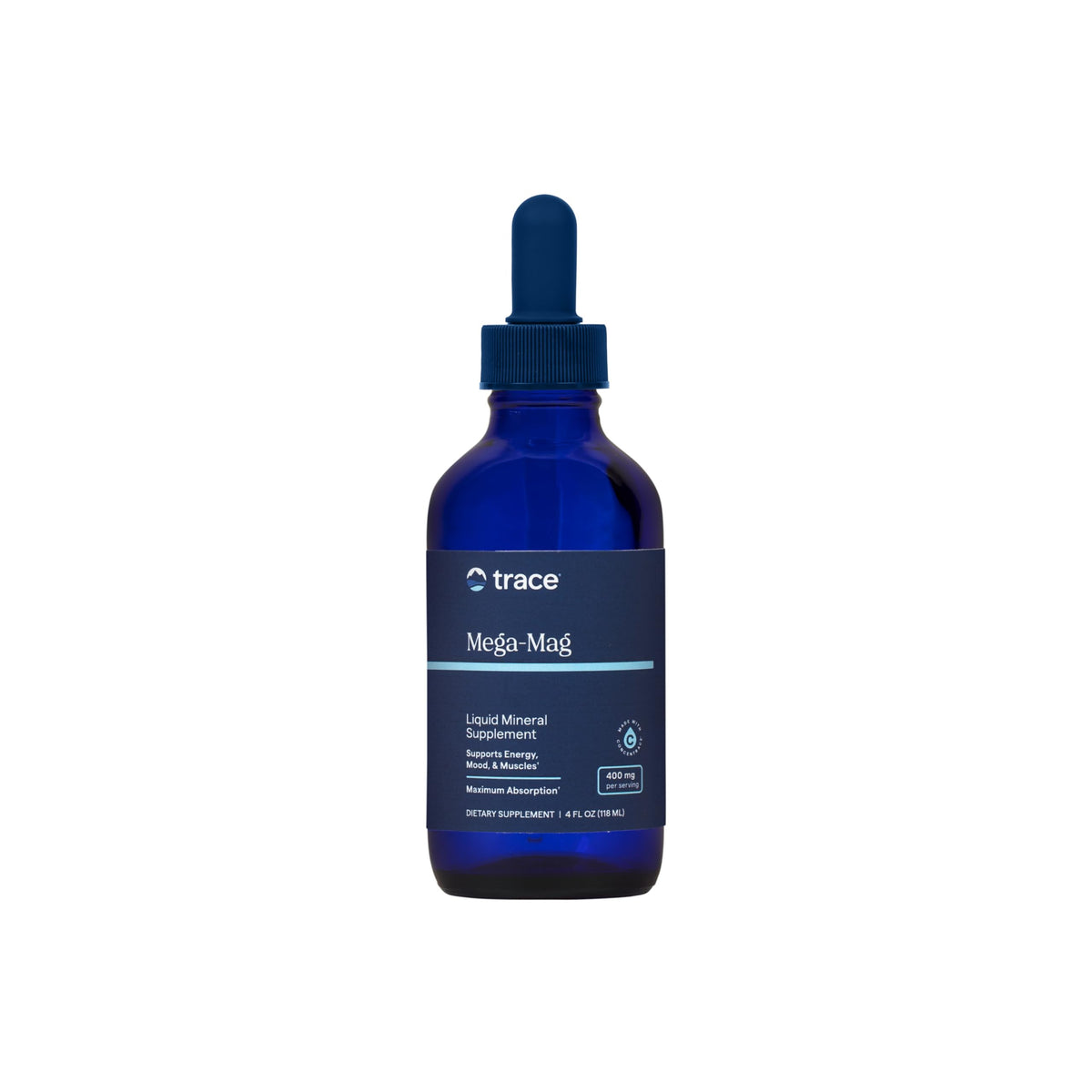 Trace Minerals Mega-Mag bottle with pour for easy daily magnesium dosing.