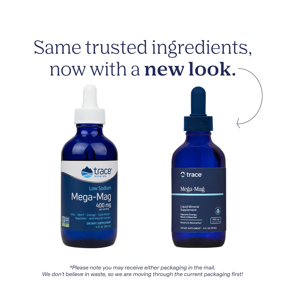 Trace Minerals Mega-Mag label close-up highlighting vegan, non-GMO formula.