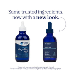 Trace Minerals Mega-Mag label close-up highlighting vegan, non-GMO formula.