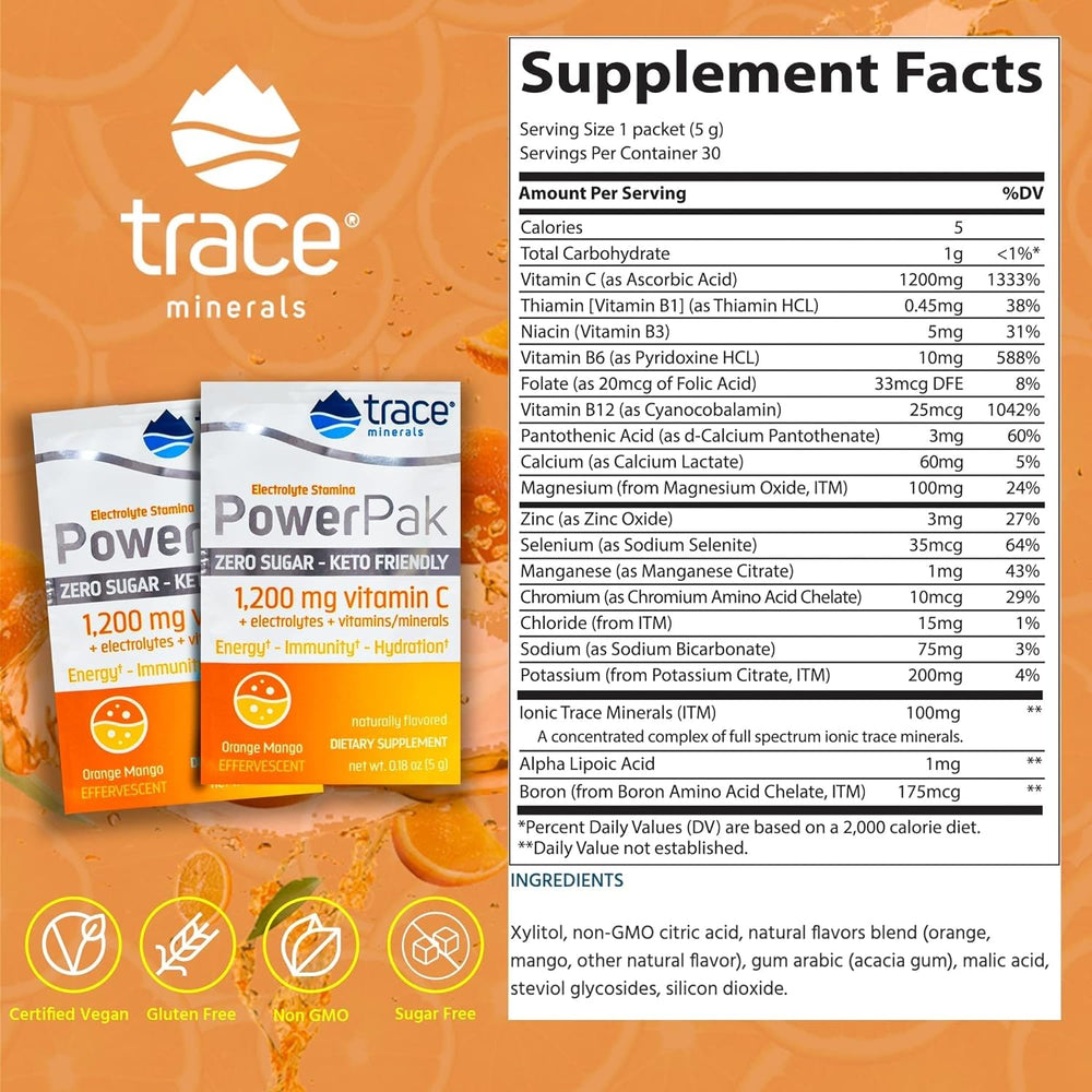Trace Minerals Power Pak orange mango canister highlights flavor and mineral spectrum.
