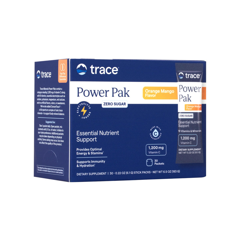 Trace Minerals Power Pak orange mango packet for on-the-go daily nutrition in powder form.