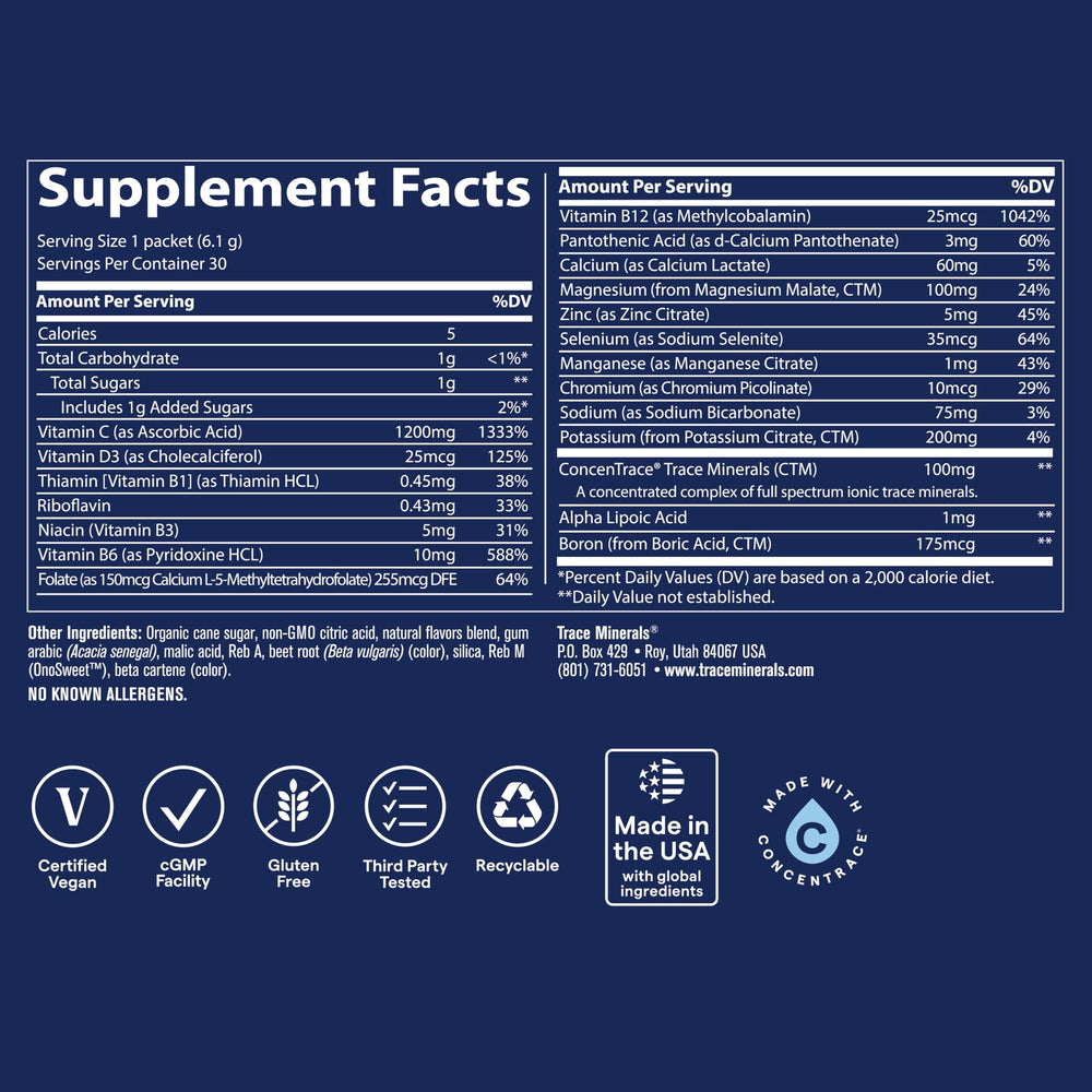 Trace Minerals Power Pak closeup showing powder dissolving into liquid.