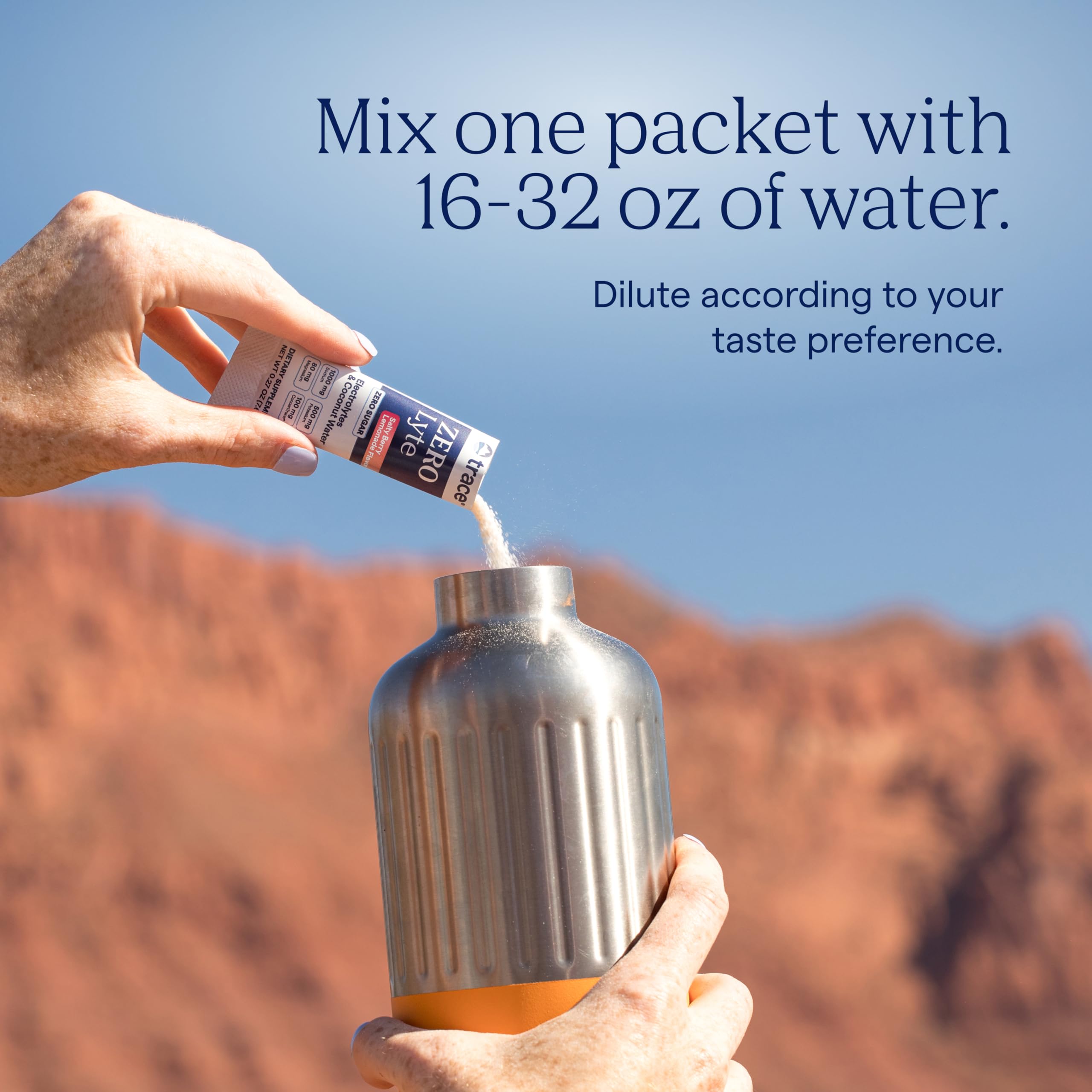 Trace Minerals ZeroLyte Salty Berry Lemonade canister on a kitchen counter for daily electrolyte support.