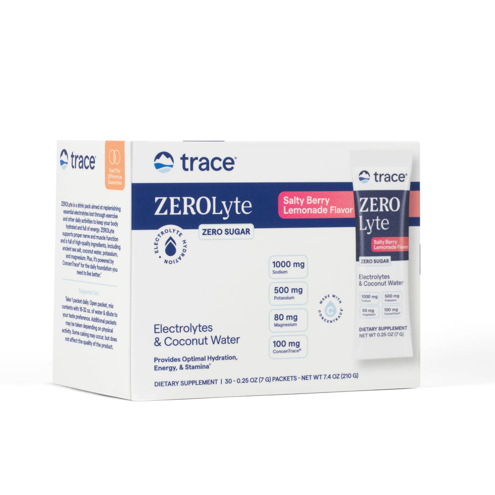 Trace Minerals ZeroLyte Salty Berry Lemonade packet ready for on-the-go hydration.