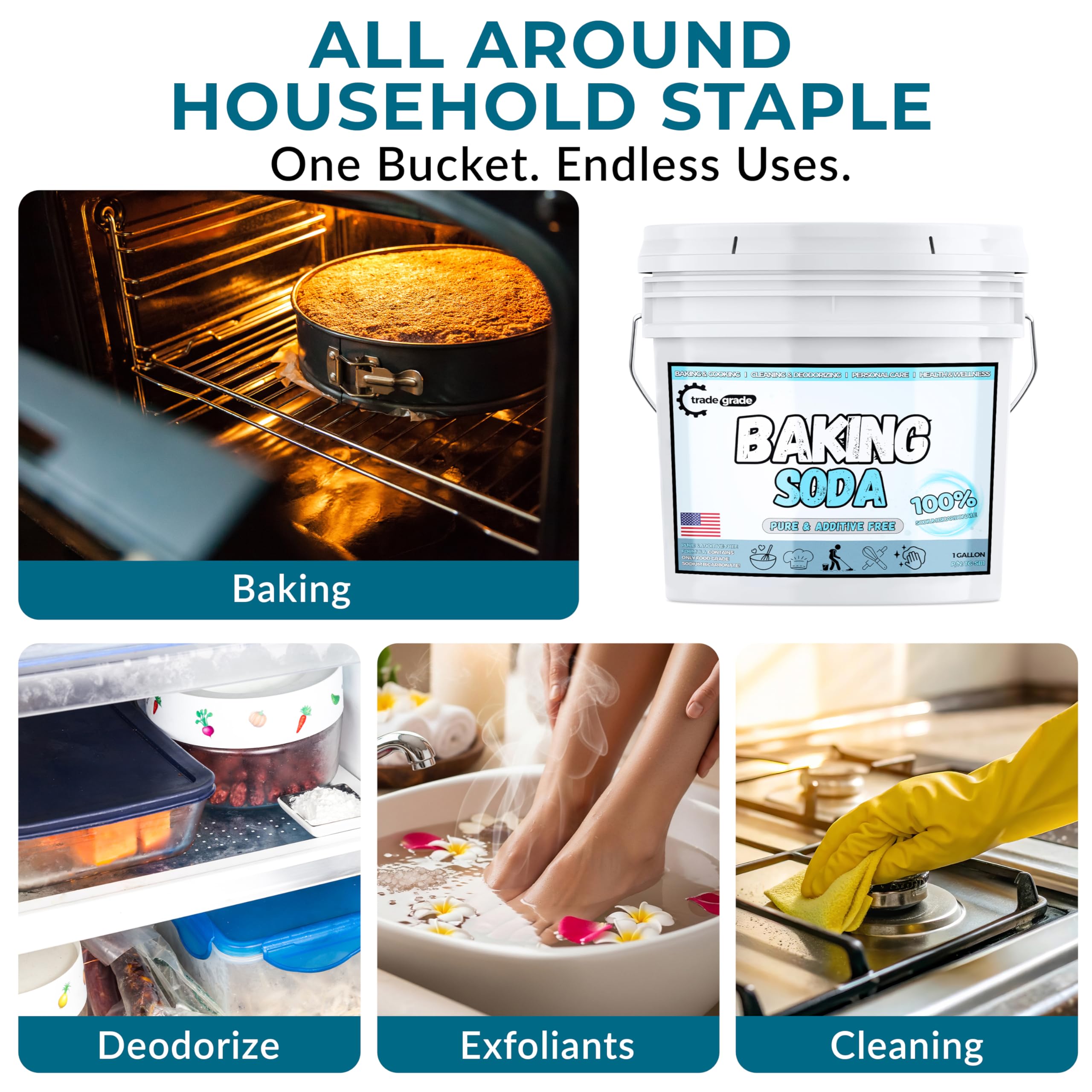 Trade Grade Pure Baking Soda powder odor-control neutralizes odors in fridge and rooms.