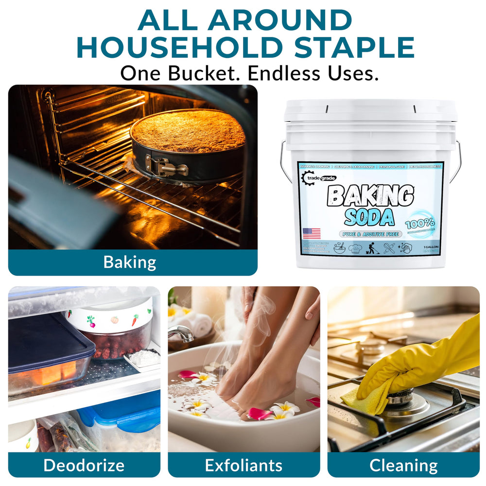Trade Grade Pure Baking Soda powder odor-control neutralizes odors in fridge and rooms.