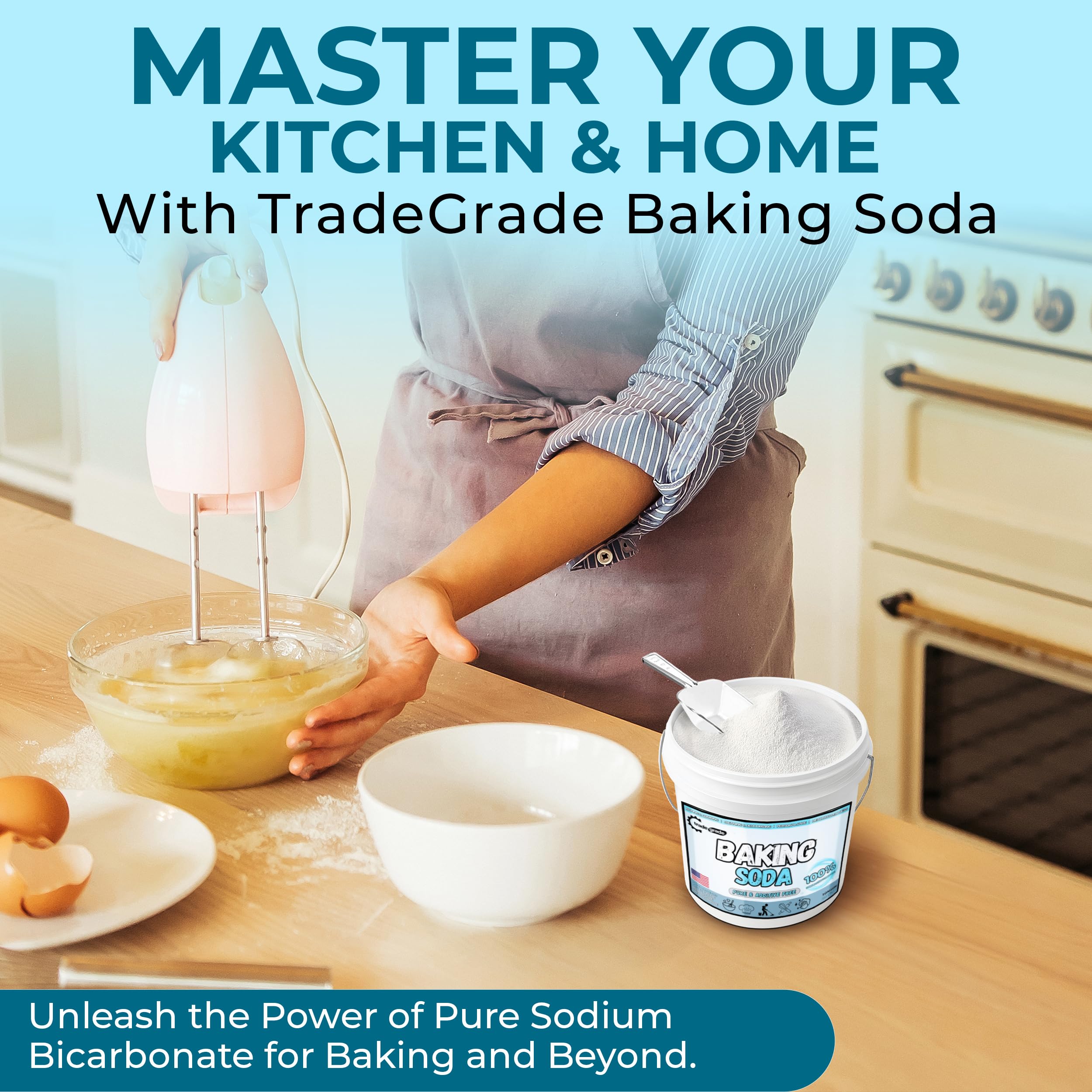 Trade Grade Pure Baking Soda powder cleaning-uses helps remove stains and refresh surfaces.