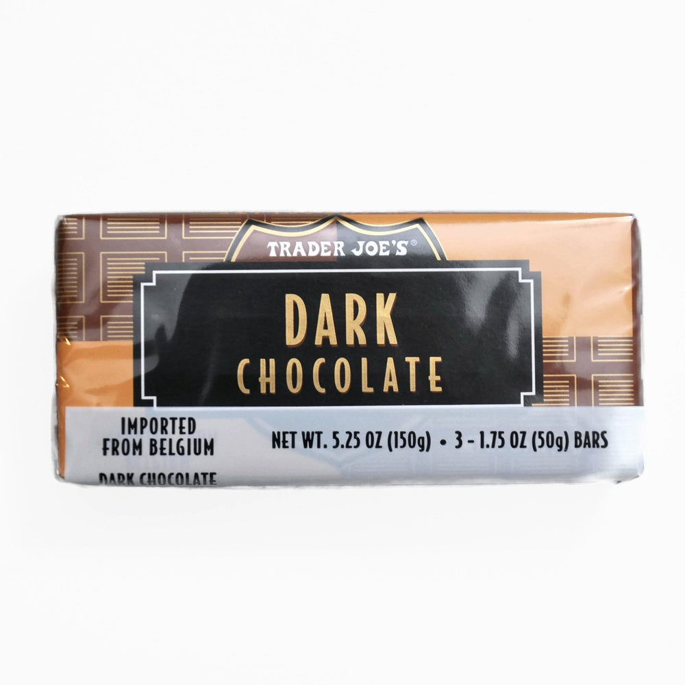Trader Joe's Belgian dark chocolate bars closeup cocoa texture inviting rich aroma