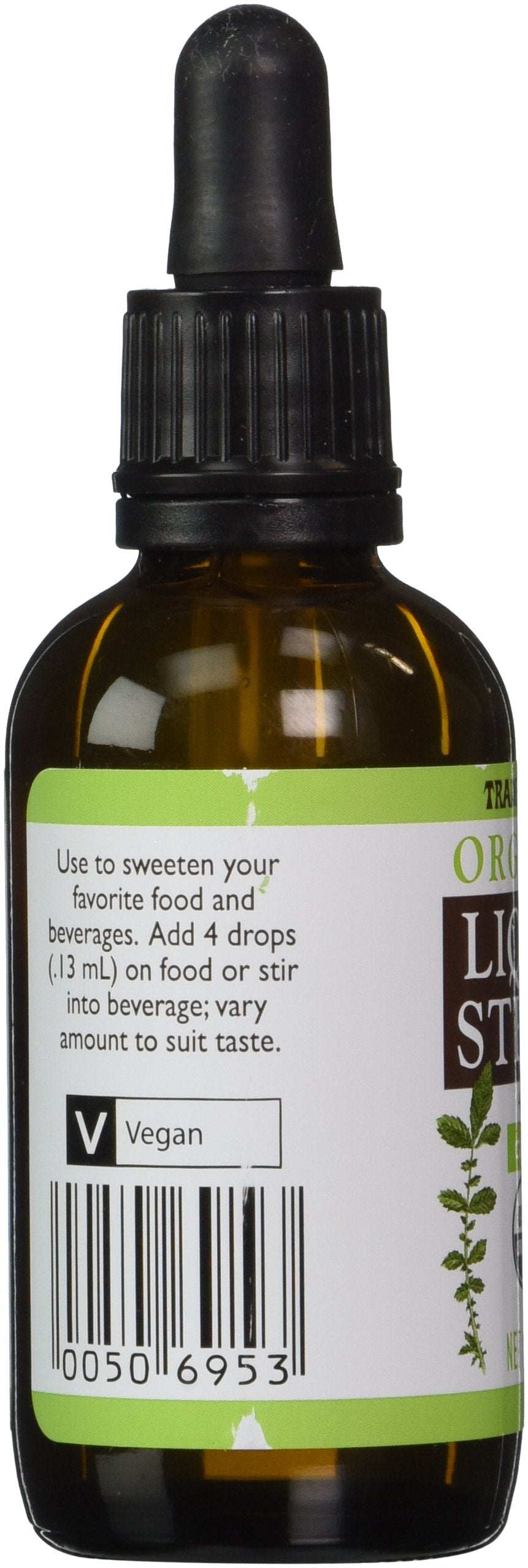 Close-up of Trader Joe's Organic Liquid Stevia bottle highlighting clarity and potency
