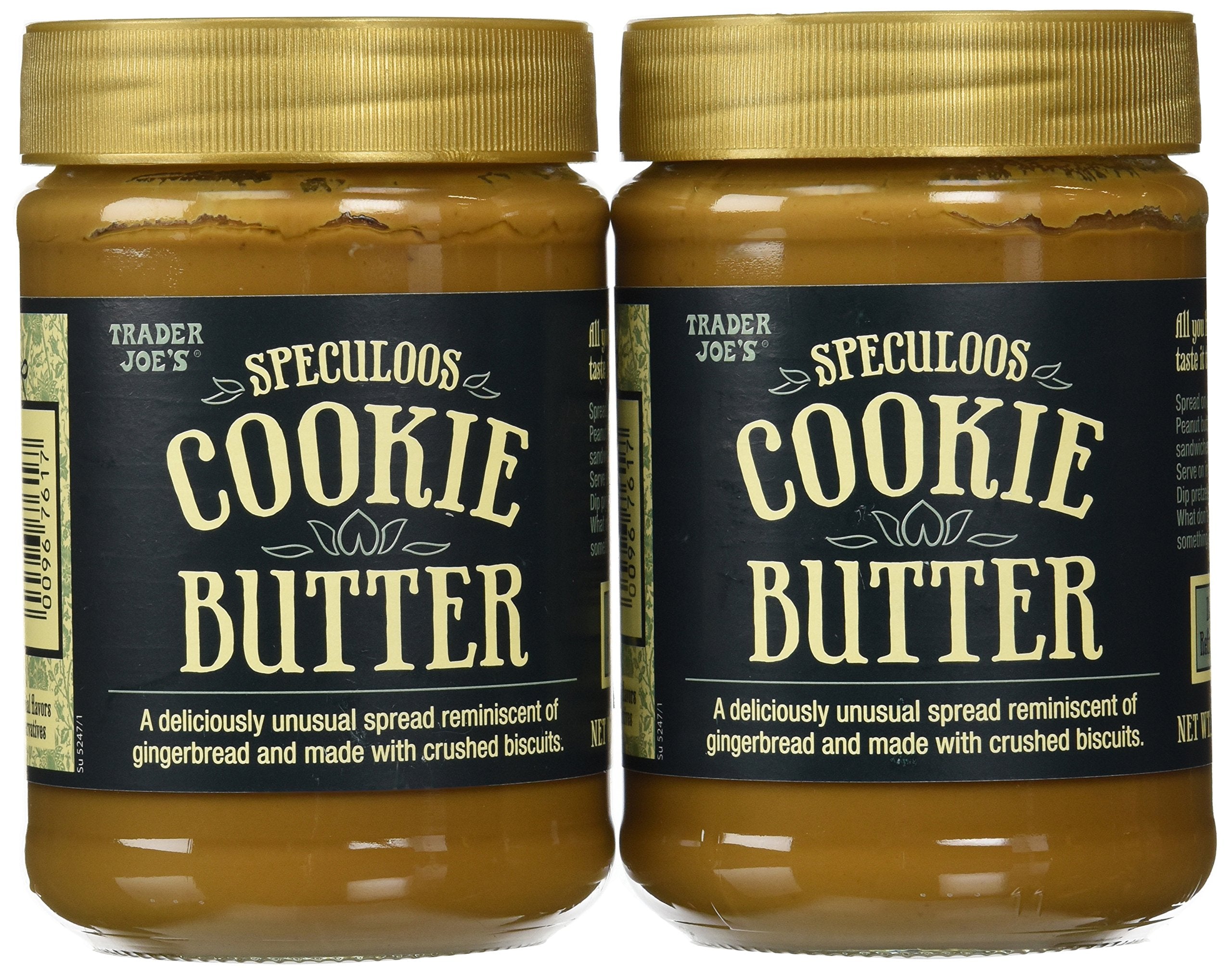 Trader Joe's Speculoos Cookie Butter jar closeup shows creamy, biscuit-flavored spread