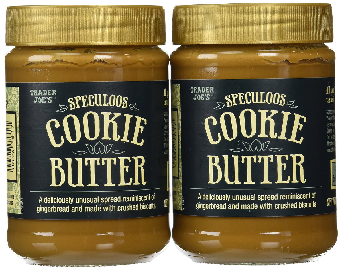 Trader Joe's Speculoos Cookie Butter jar closeup shows creamy, biscuit-flavored spread