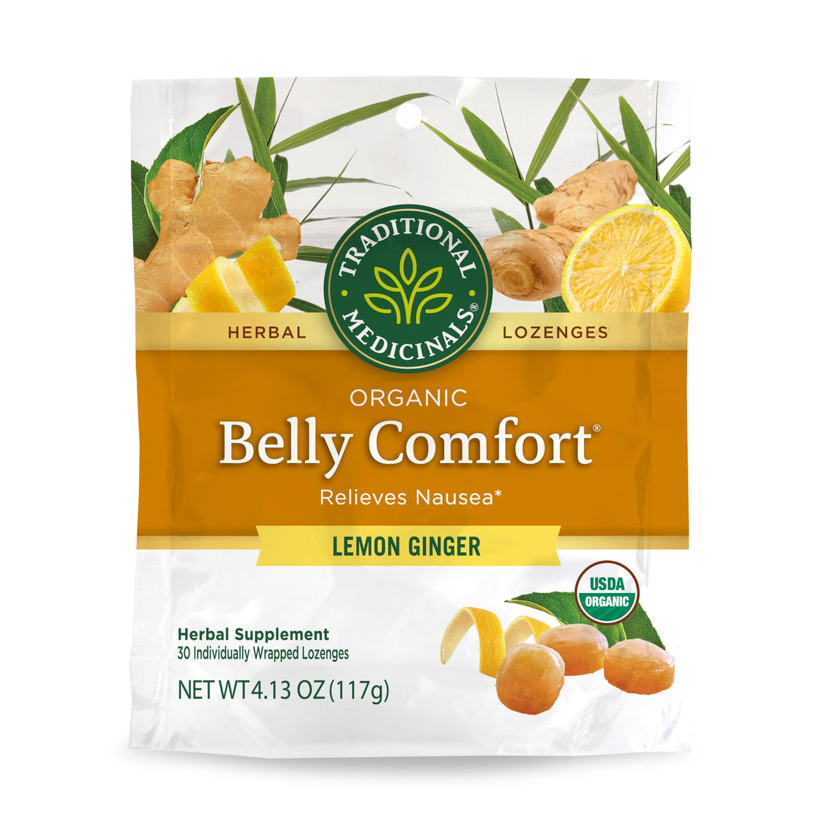 Traditional Medicinals Belly Comfort Lozenges lemon-ginger flavor for on-the-go nausea relief.