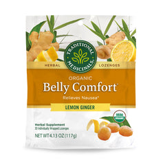 Traditional Medicinals Belly Comfort Lozenges lemon-ginger flavor for on-the-go nausea relief.