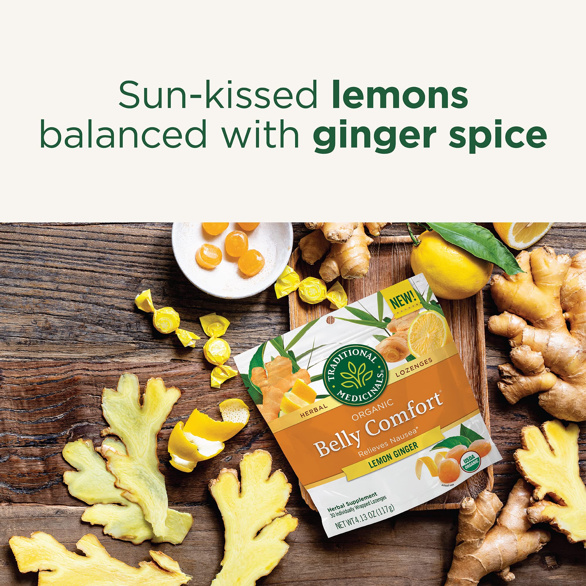 Traditional Medicinals Belly Comfort Lozenges lemon-ginger ideal for travel and motion nausea.