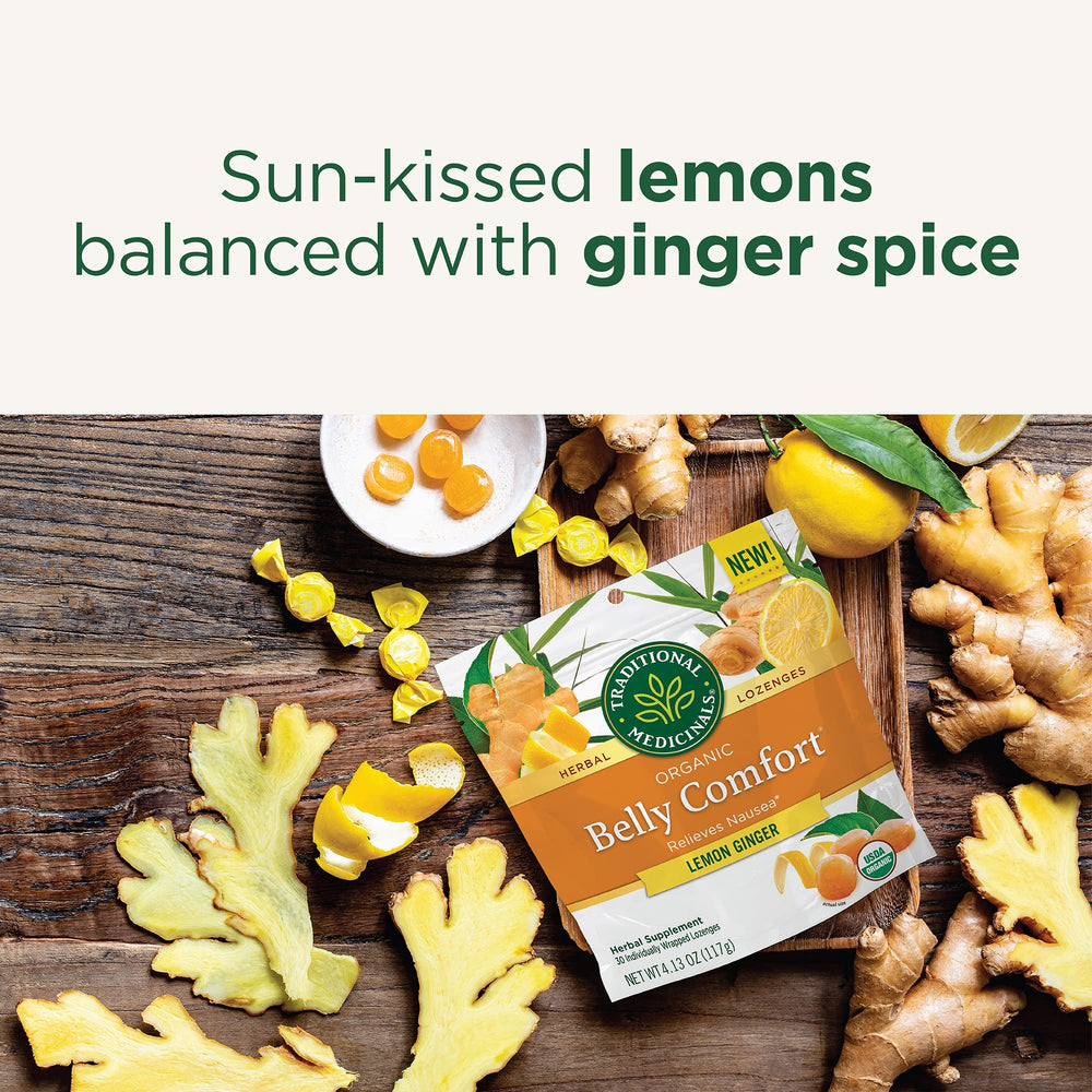 Traditional Medicinals Belly Comfort Lozenges lemon-ginger ideal for travel and motion nausea.