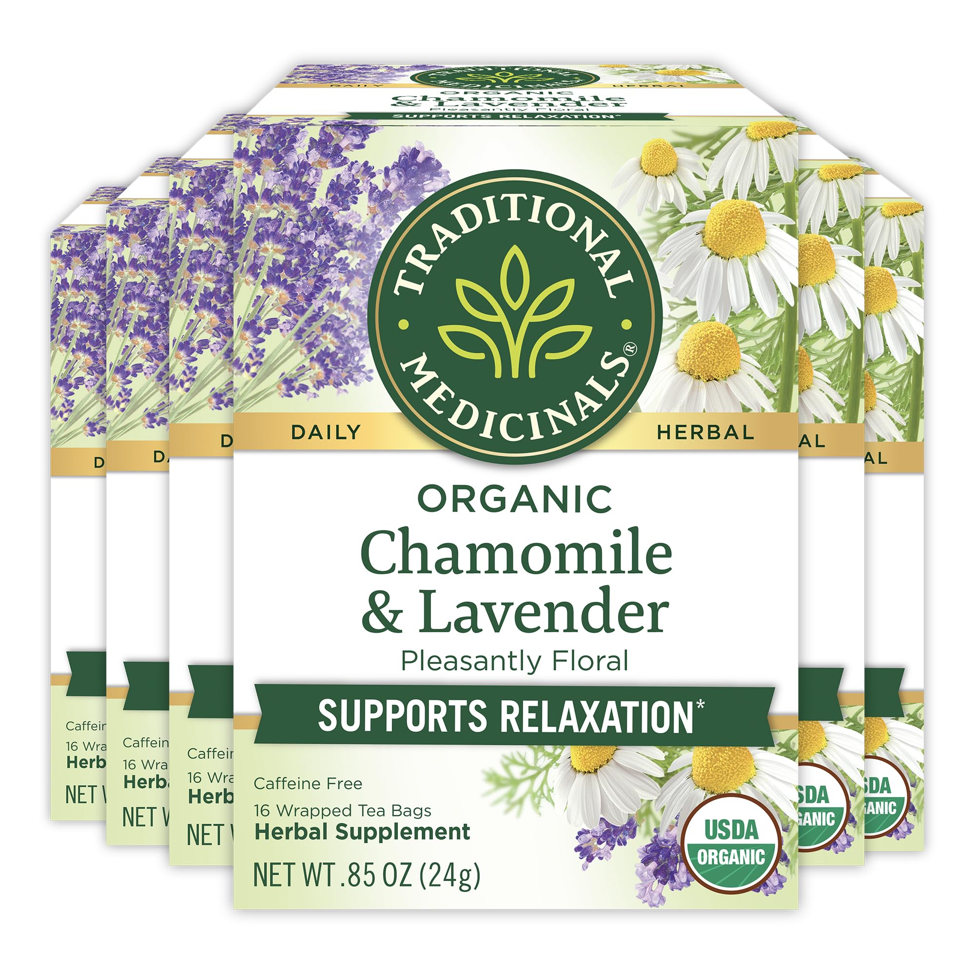 Traditional Medicinals chamomile lavender tea bags in a box for calm moments