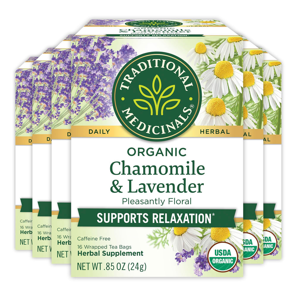 Traditional Medicinals chamomile lavender tea bags in a box for calm moments
