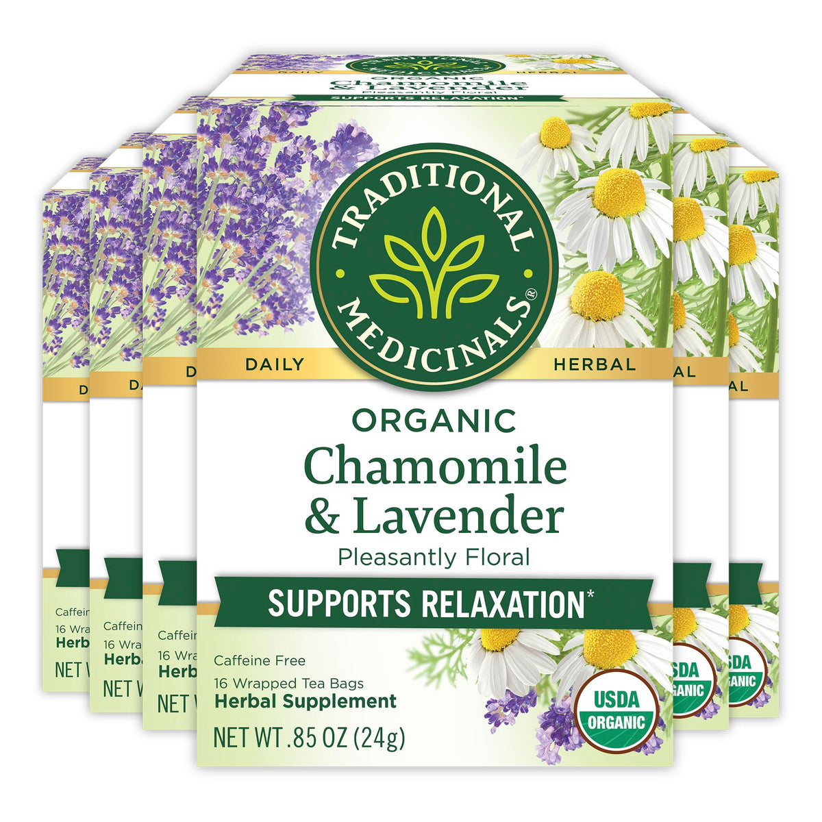 Traditional Medicinals chamomile lavender tea bags in a box for calm moments