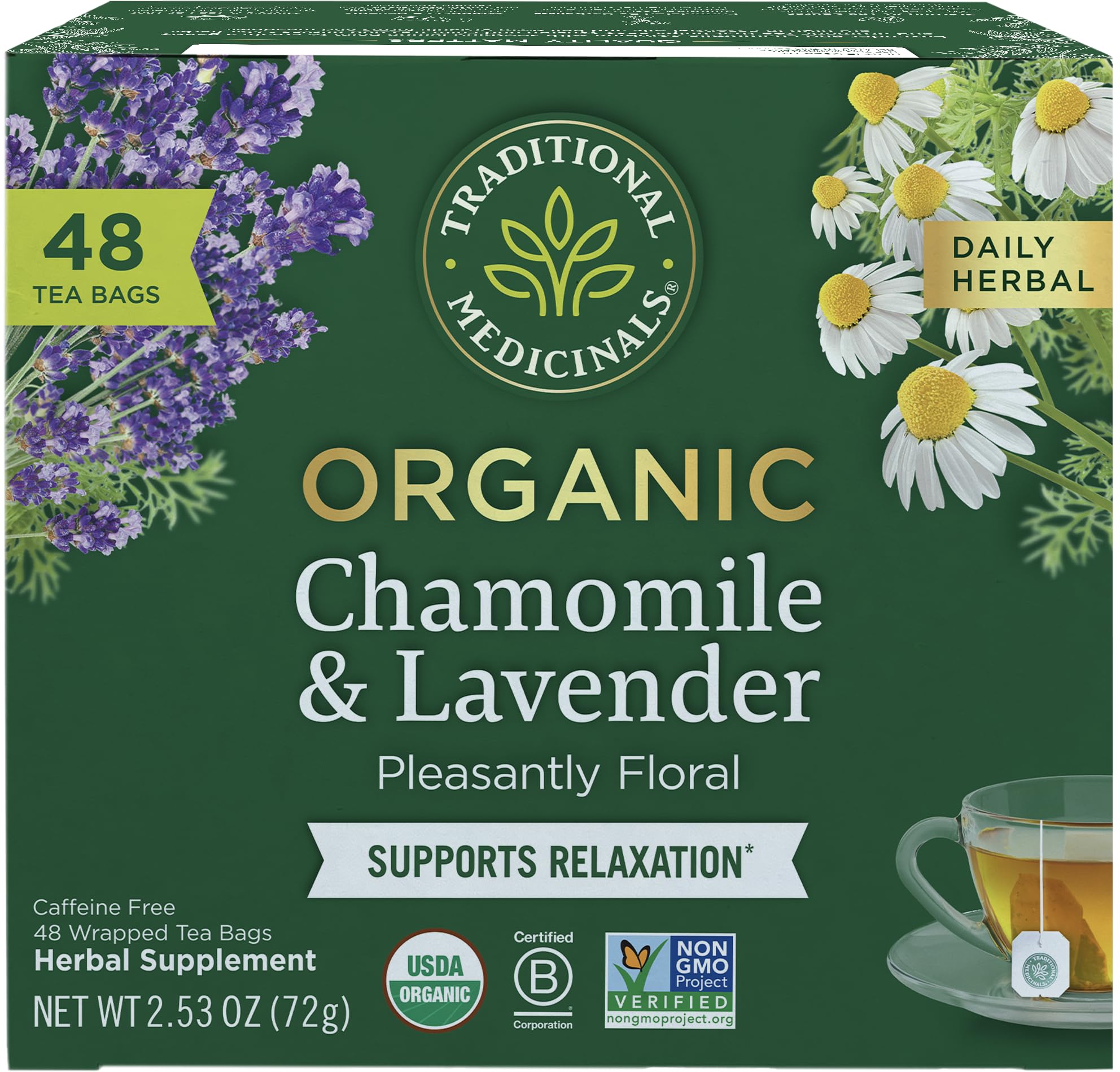 Traditional Medicinals Chamomile and Lavender tea bag ready for a relaxing brew